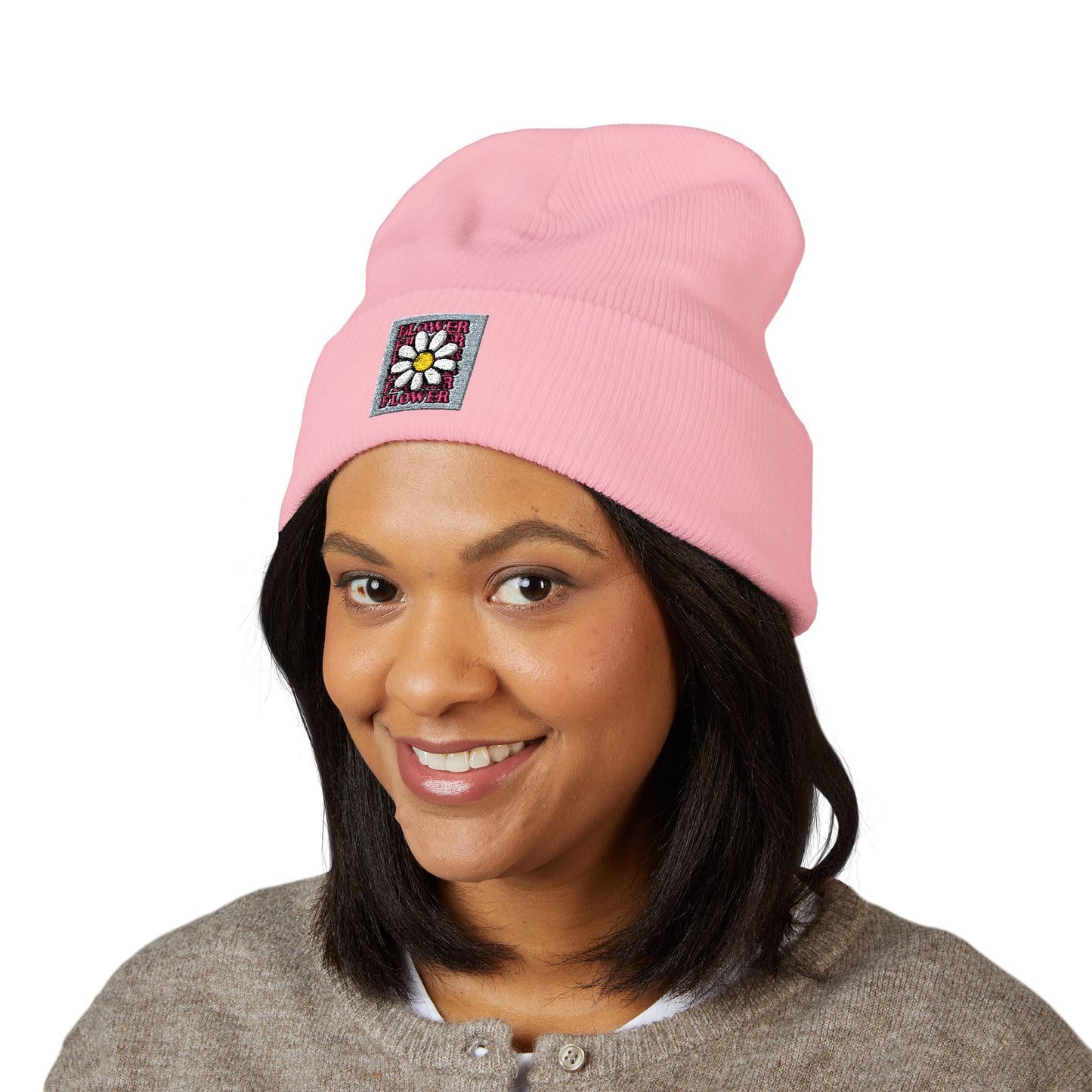 Beanie Hat Pink Daisy Embroidered Cuffed Printify