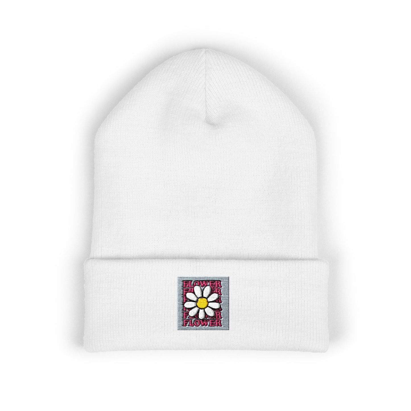 Beanie Hat Pink Daisy Embroidered Cuffed Printify