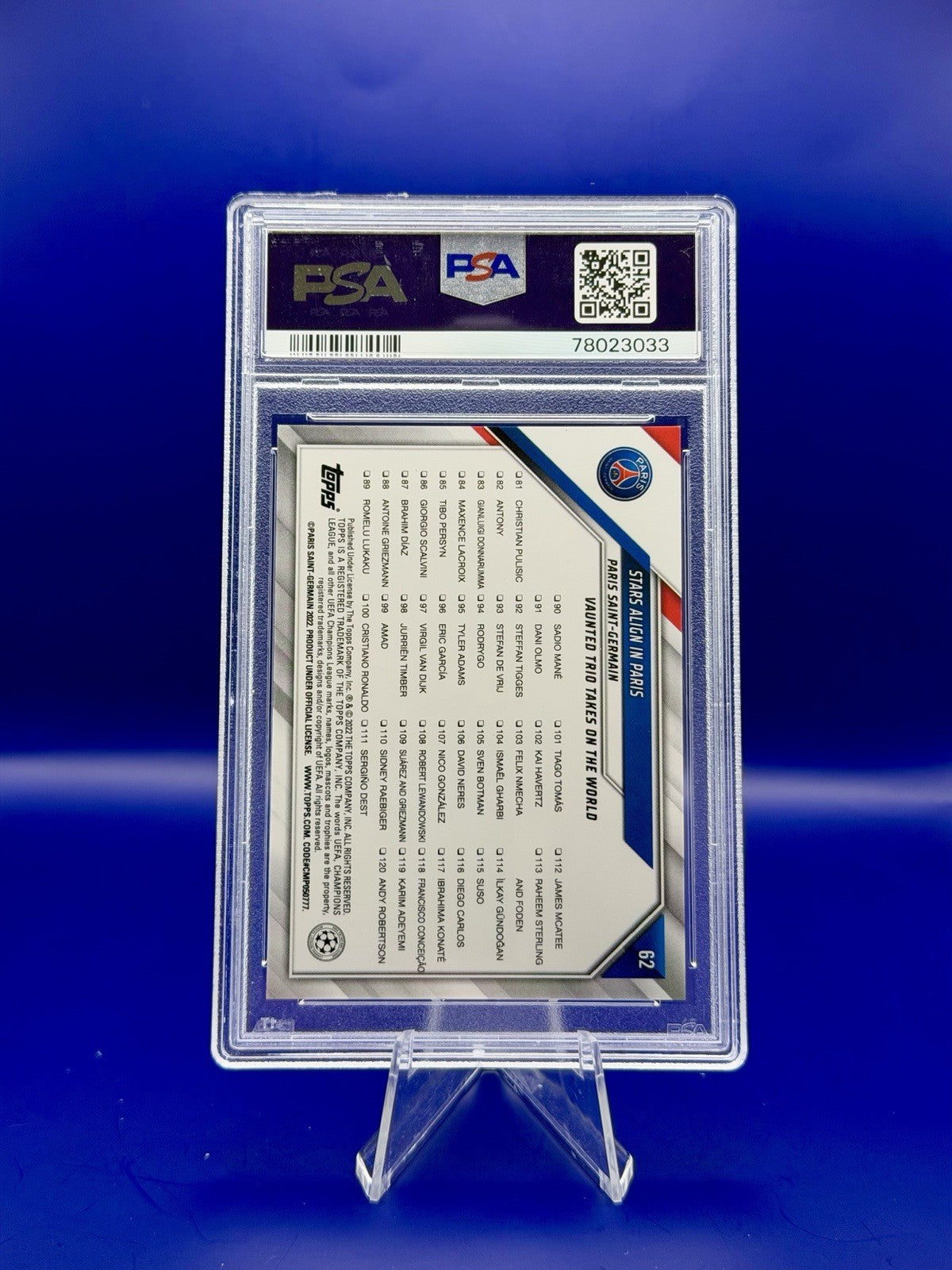 2021-22 Topps UCL Messi/Naymar/Mbappe PSG PSA 9