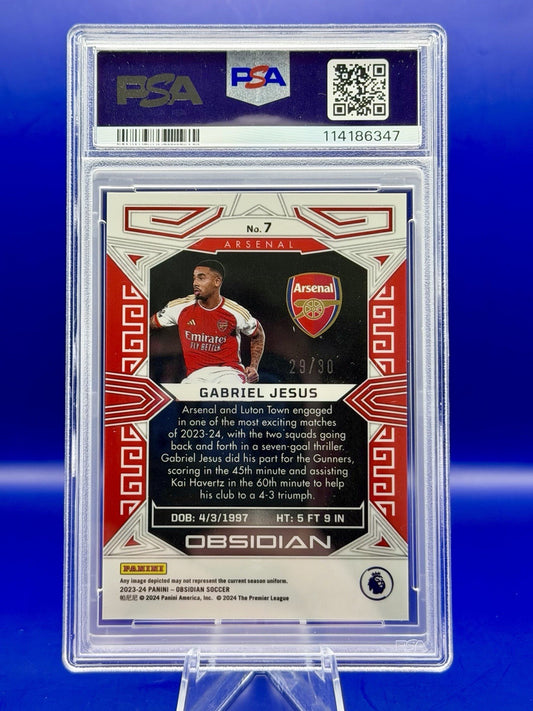 2023-24 Obsidian Gabriel Jesus Arsenal Electric Etch Red Crystal /30 PSA 10