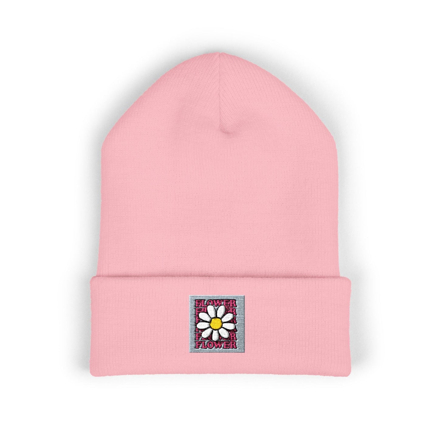 Beanie Hat Pink Daisy Embroidered Cuffed Printify