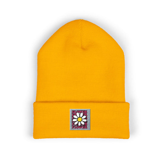 Beanie Hat Pink Daisy Embroidered Cuffed Printify