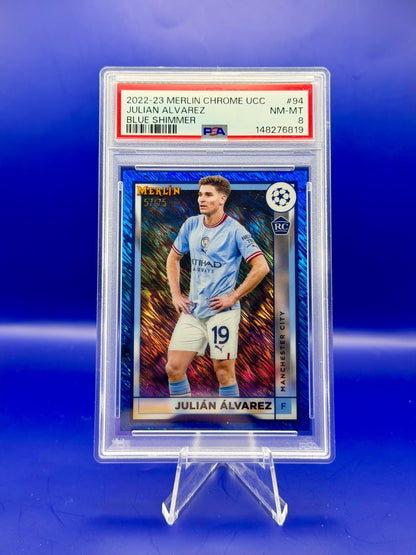 2022-23 Merlin Chrome UCC Julian Alvarez Rookie Blue Shimmer /75 PSA 8