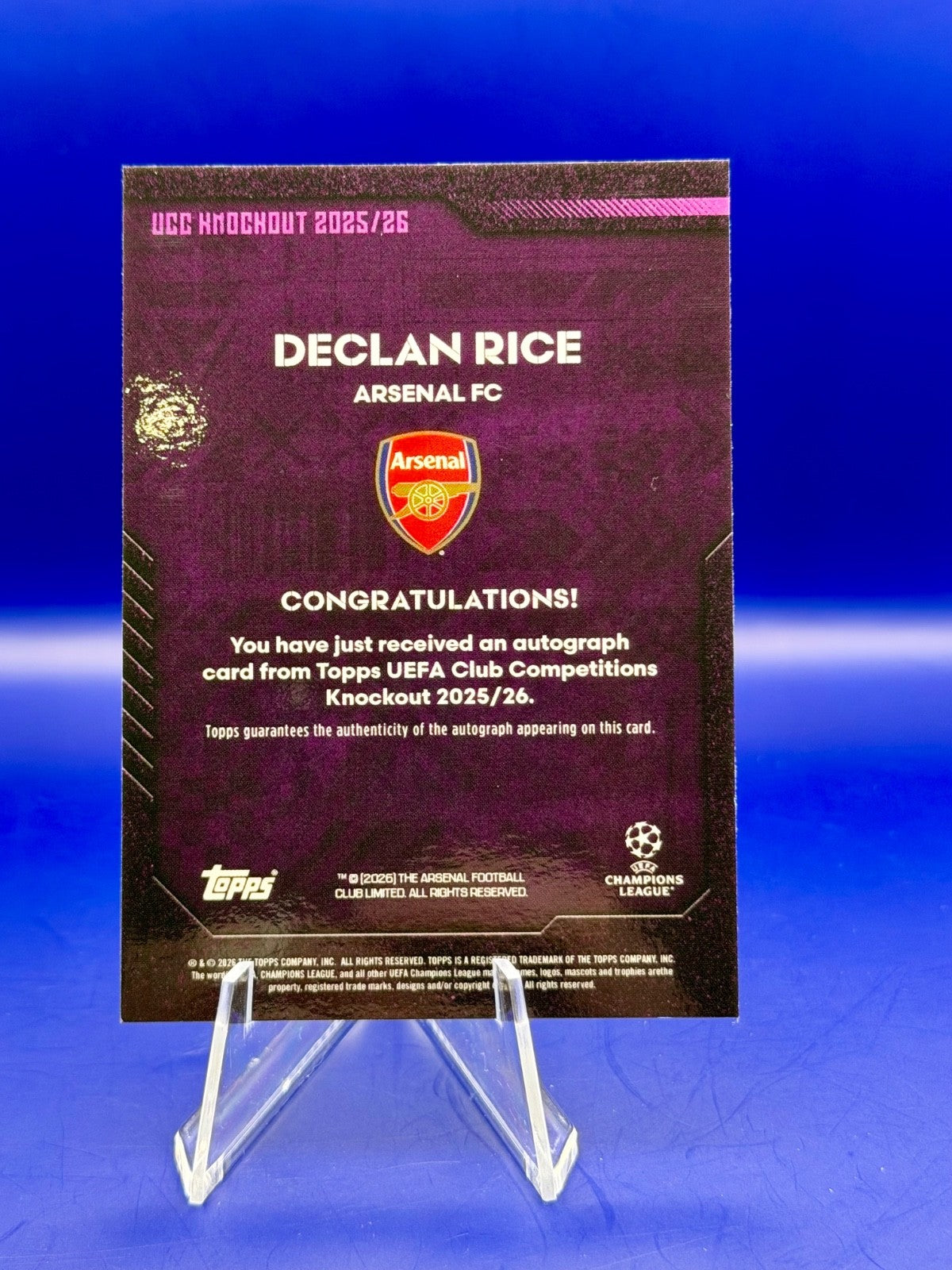 25/26 Topps UEFA Club Competitions Knockout – Arsenal Declan Rice AUTO /50