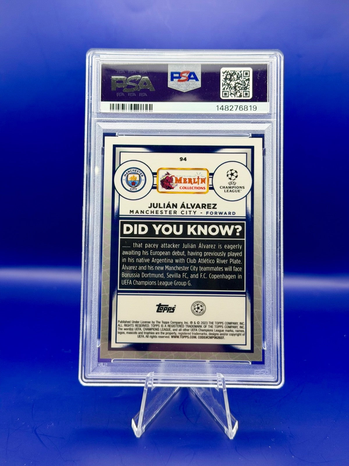 2022-23 Merlin Chrome UCC Julian Alvarez Rookie Blue Shimmer /75 PSA 8