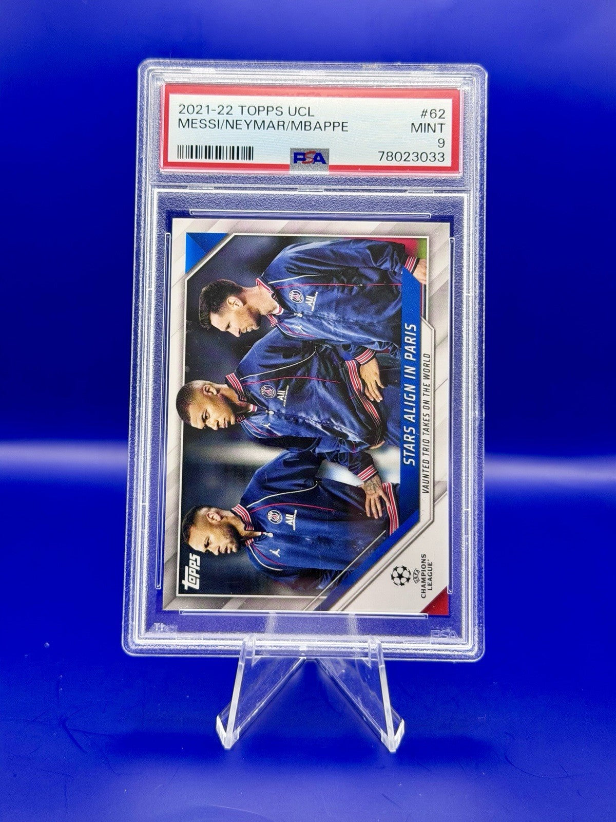 2021-22 Topps UCL Messi/Naymar/Mbappe PSG PSA 9