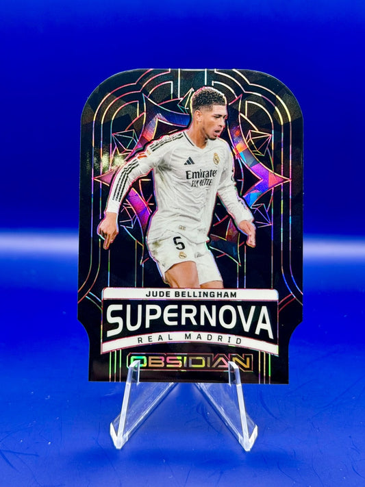 Jude Bellingham/28 Supernova Red Crystals from 2024-25 Panini Obsidian Soccer
