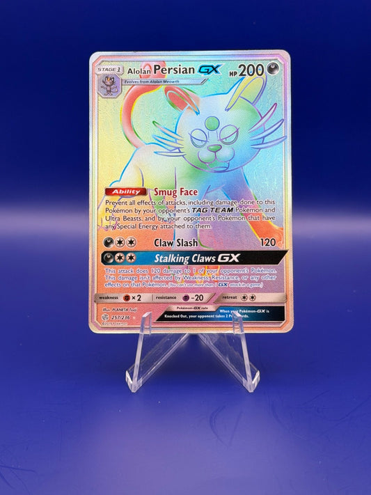 Alolan Persian GX 257/236 Cosmic Eclipse Secret Rainbow Rare Pokemon Card