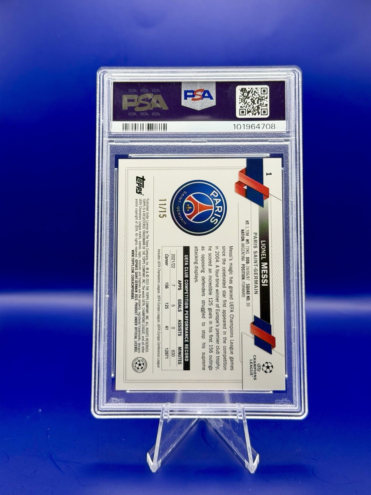 2022-23 Topps Carnival UCC PSG Lionel Messi Purple 11/15 PSA 9
