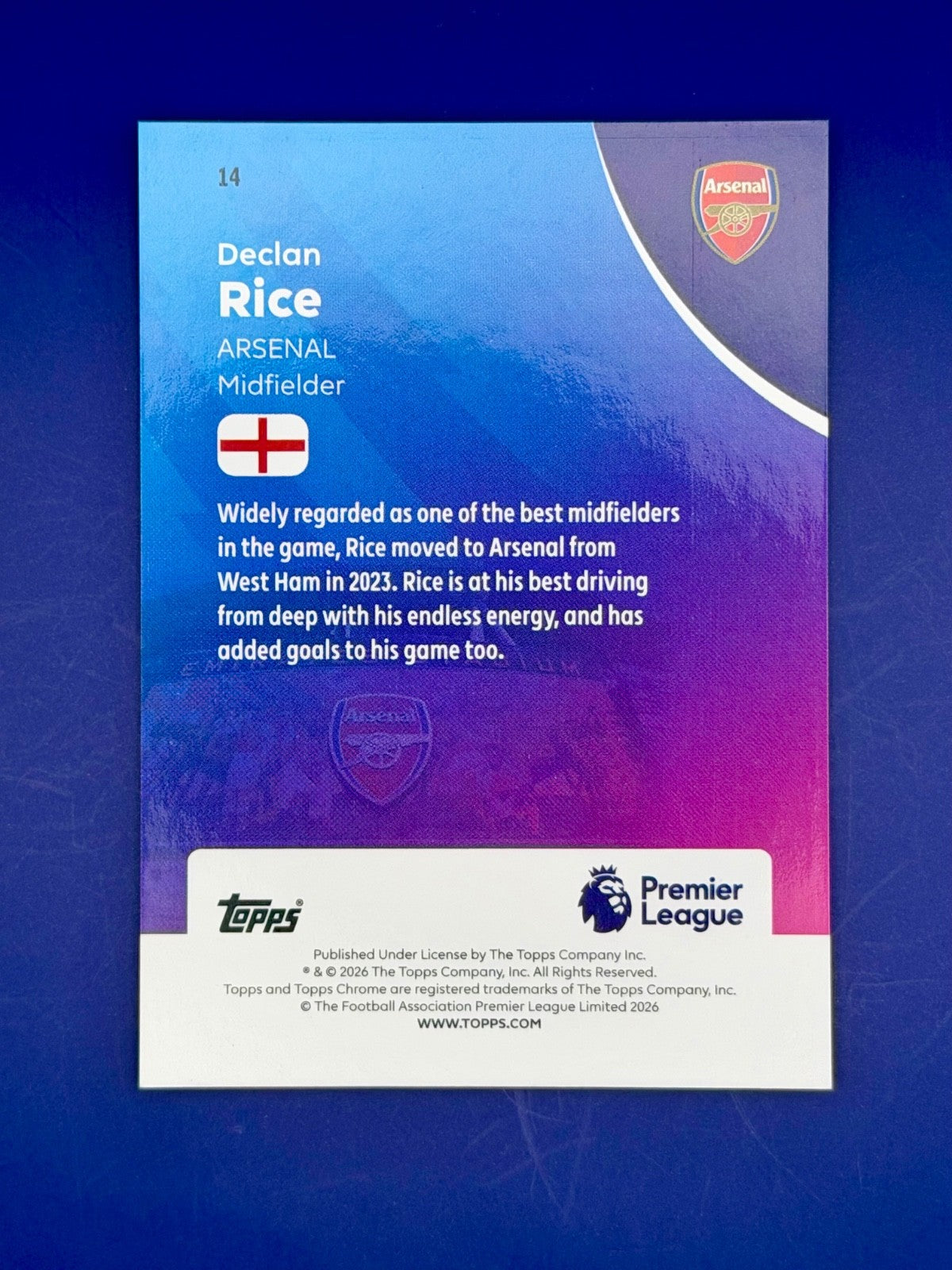 2025-26 Topps Chrome Declan Rice Arsenal Gold Refractor /50