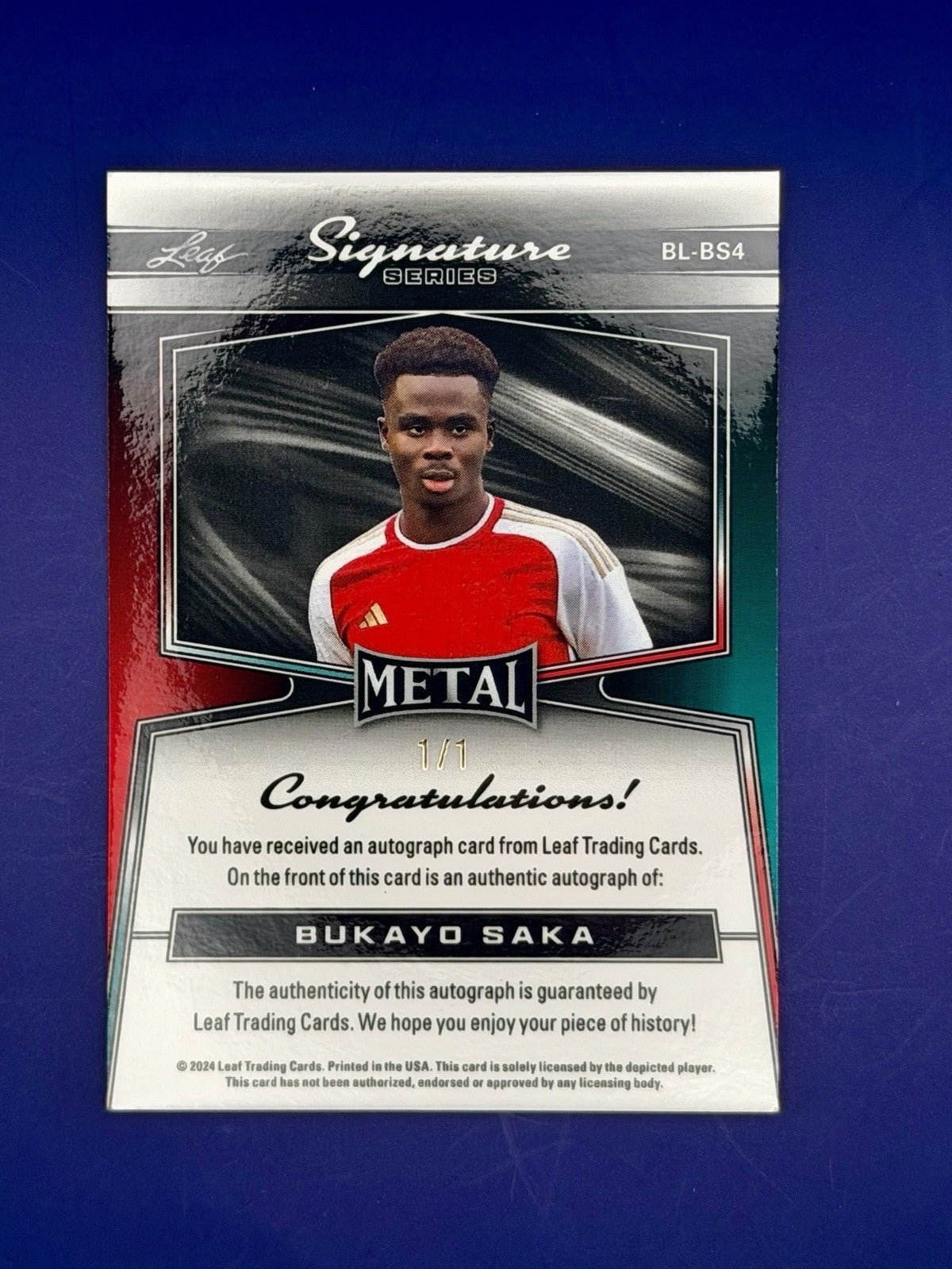 2024 Leaf Metal Signature Series Bukayo Saka Borderless Crystal Gold Auto #1/1