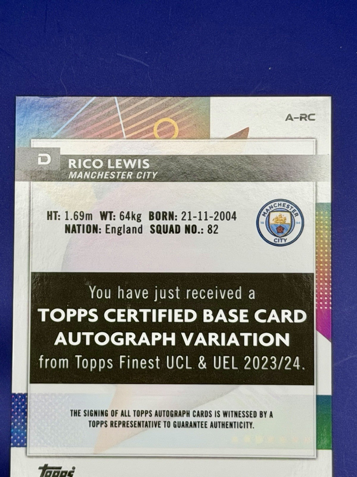 2023-24 Topps Finest Uefa Club Competitions - Autographs Rico Lewis #A-Rc (AU)