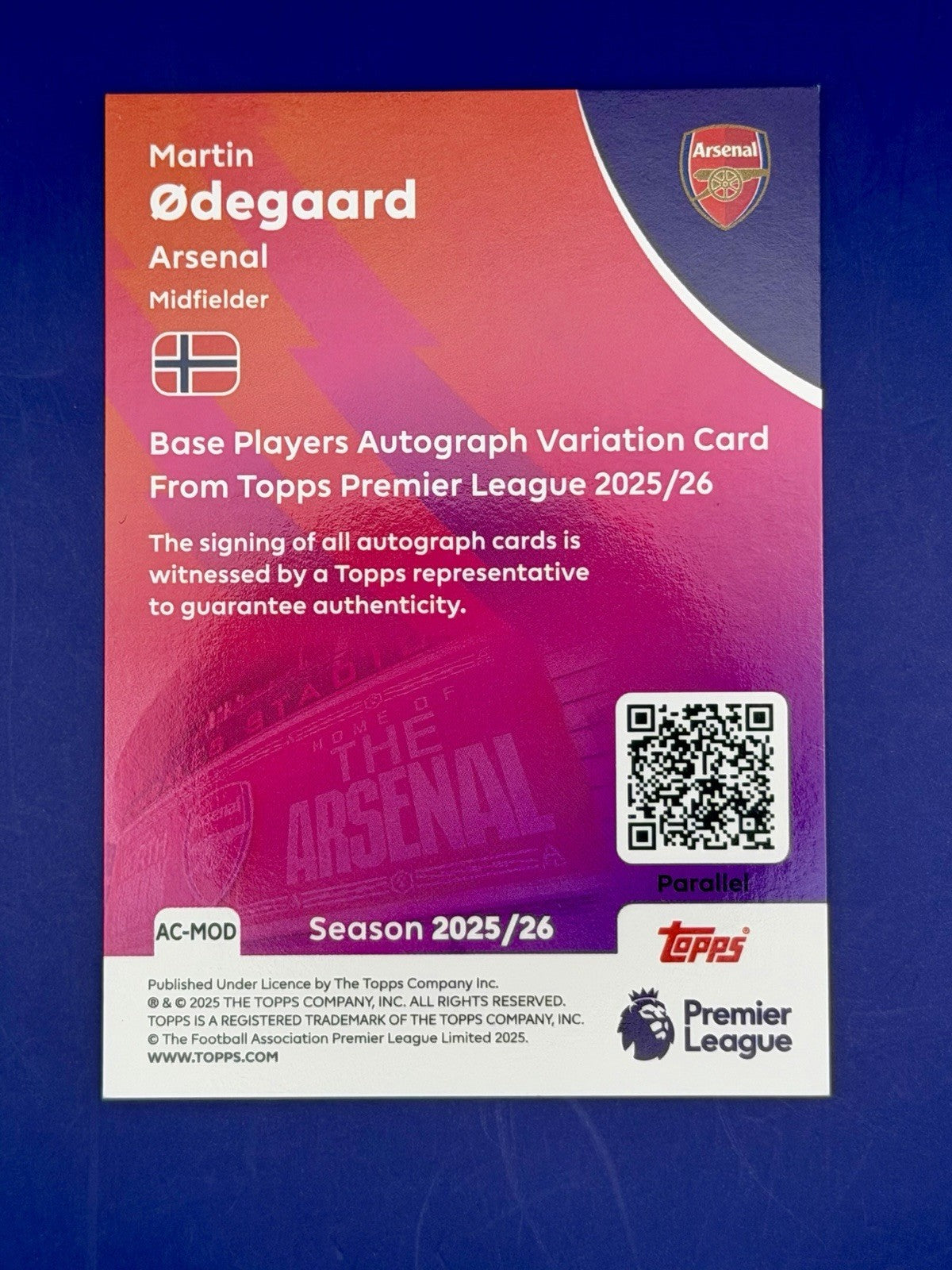 25/26 Topps Pl Martin Odegaard Arsenal Auto /25
