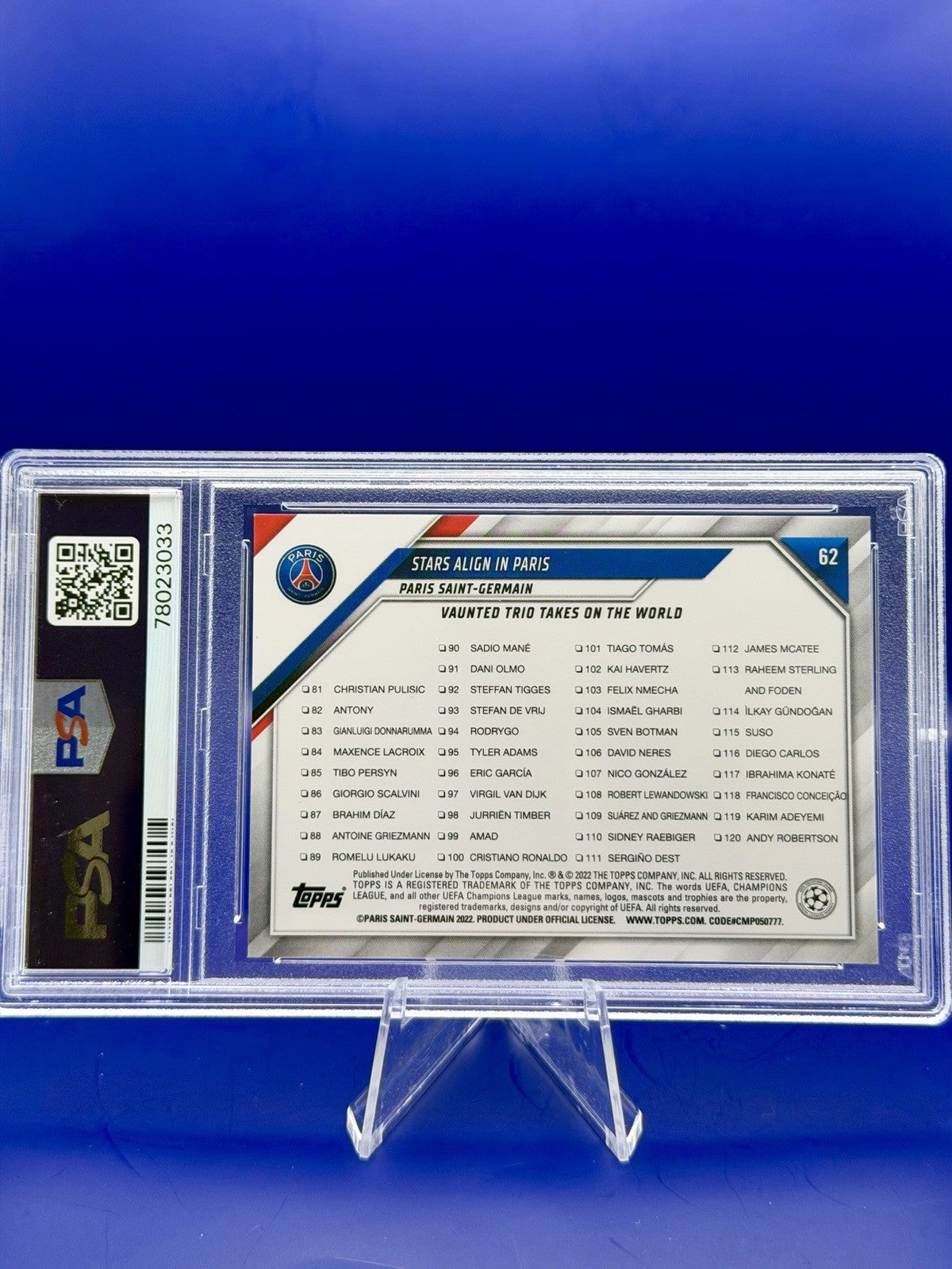 2021-22 Topps UCL Messi/Naymar/Mbappe PSG PSA 9