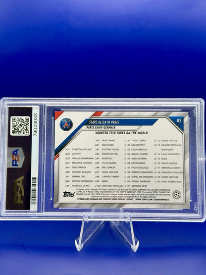 2021-22 Topps UCL Messi/Naymar/Mbappe PSG PSA 9