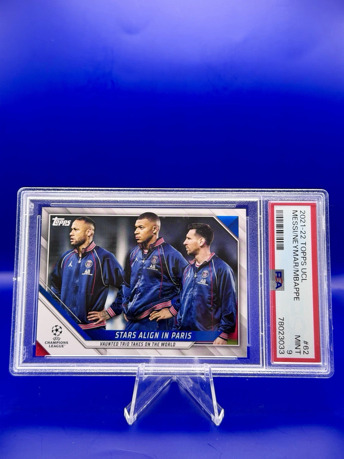 2021-22 Topps UCL Messi/Naymar/Mbappe PSG PSA 9