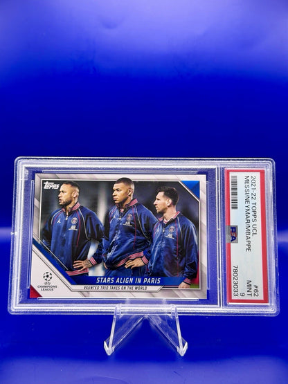 2021-22 Topps UCL Messi/Naymar/Mbappe PSG PSA 9