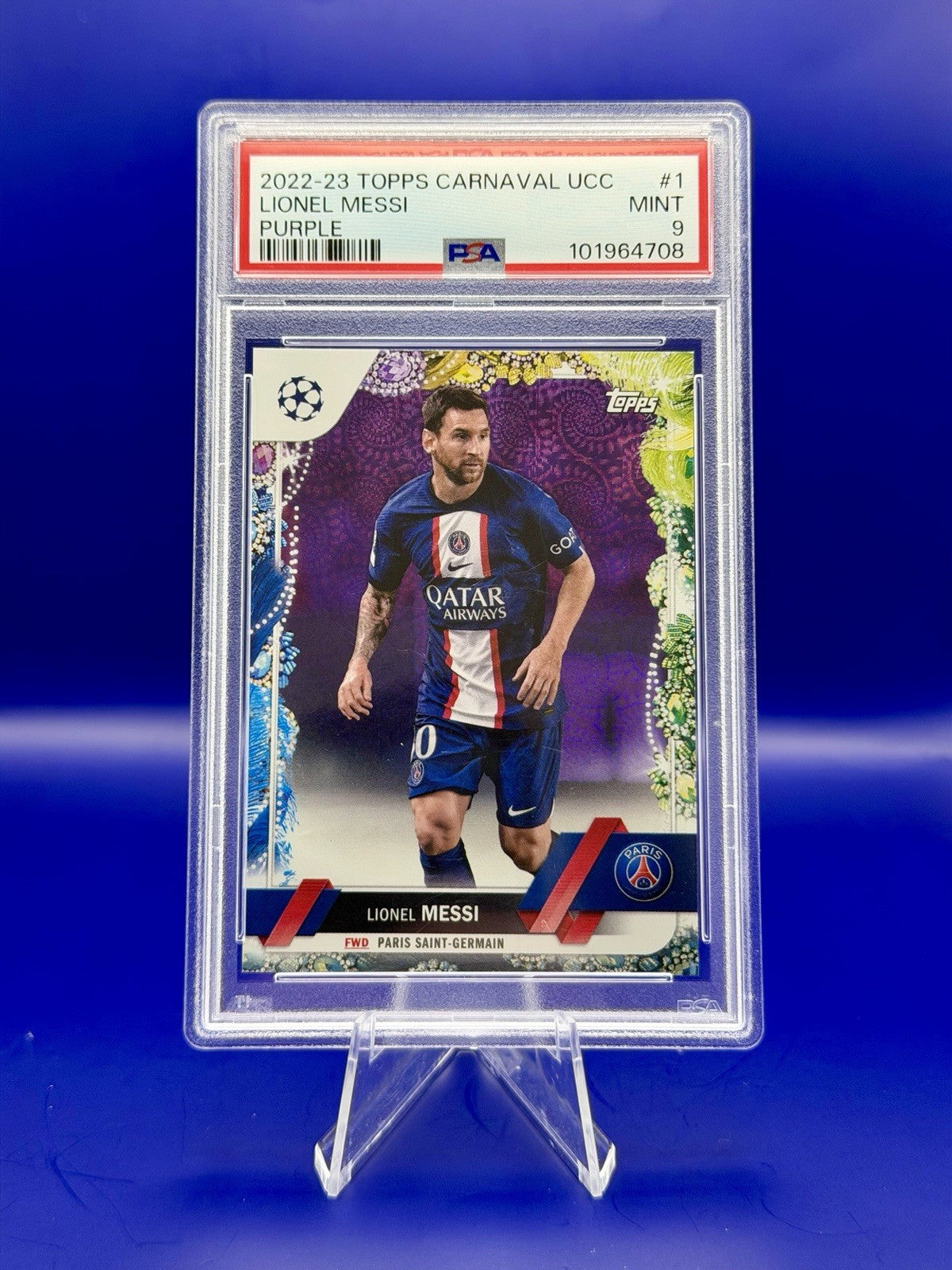 2022-23 Topps Carnival UCC PSG Lionel Messi Purple 11/15 PSA 9