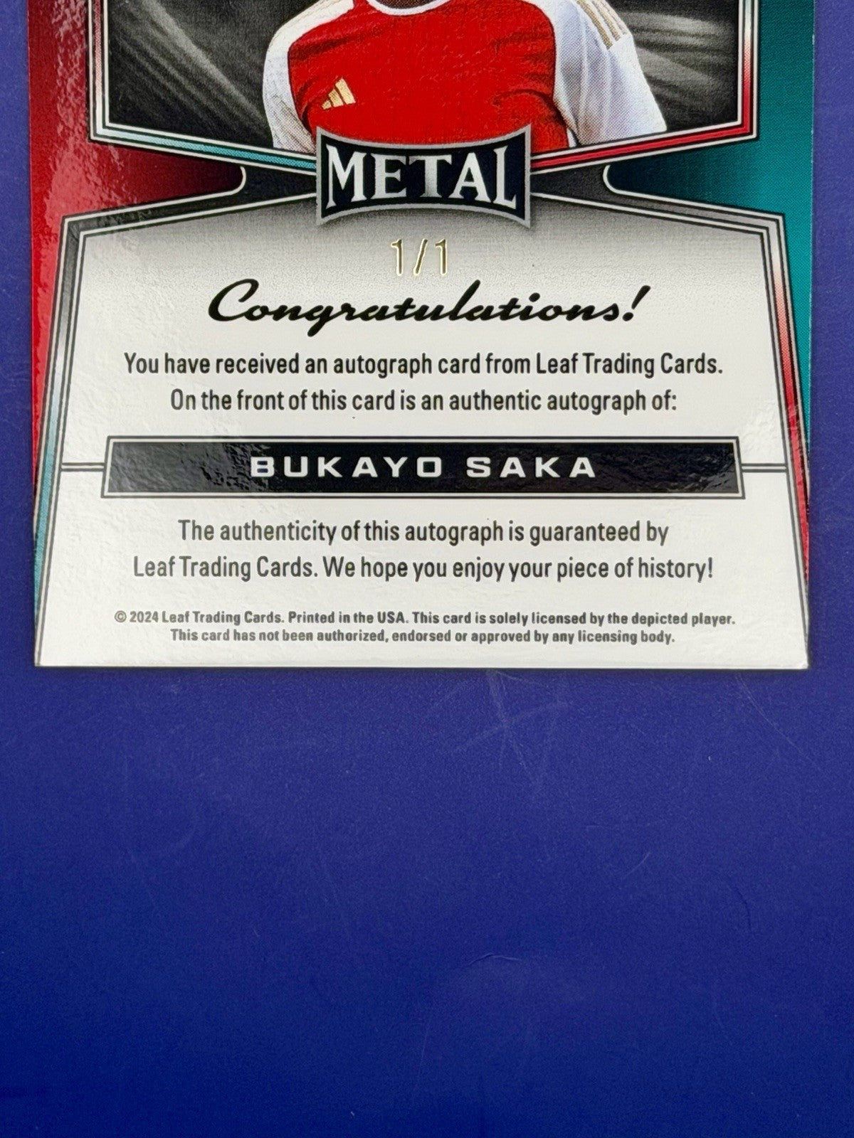 2024 Leaf Metal Signature Series Bukayo Saka Borderless Crystal Gold Auto #1/1
