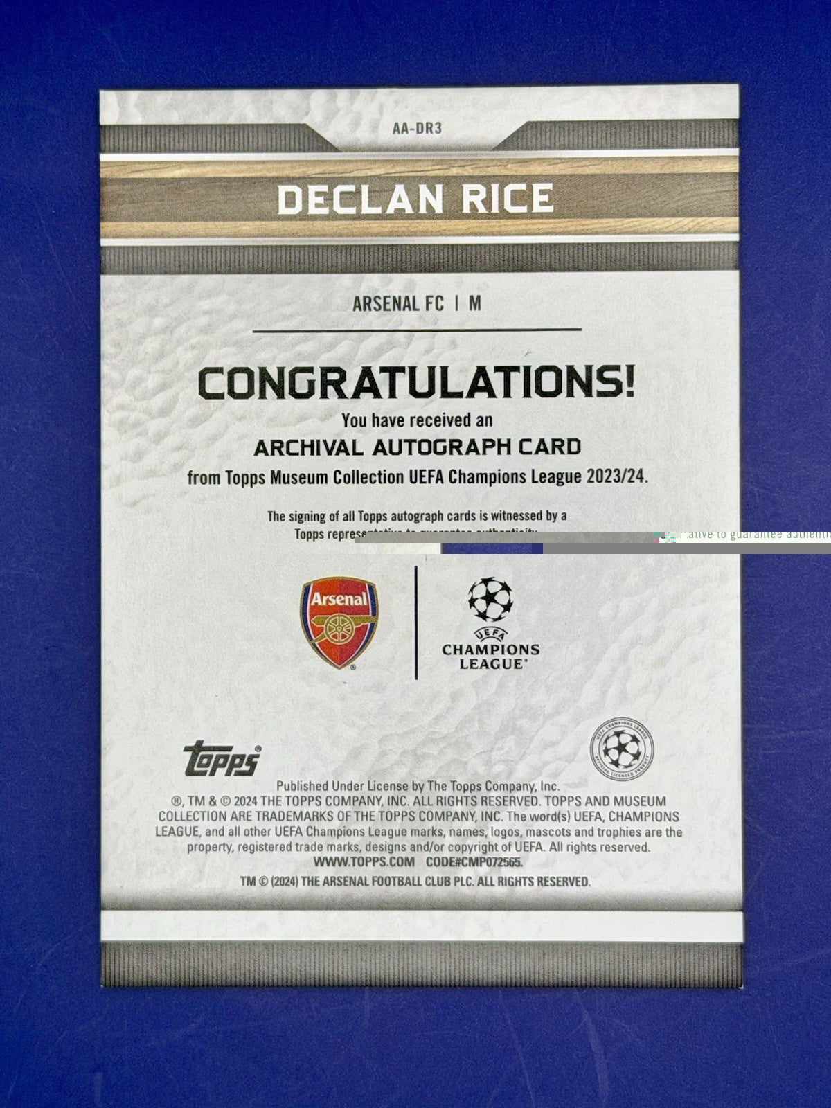 2023/24 Tops Museum Archival Arsenal England Declan Rice Auto /25