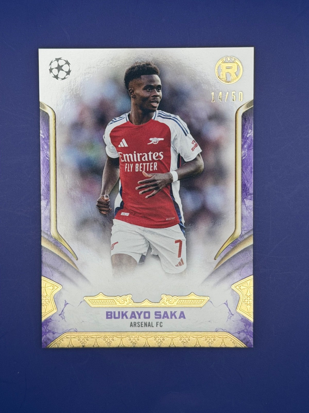 Bukayo Saka 2024-25 Topps Reverence UEFA Club Competitions Purple 14/50 #9
