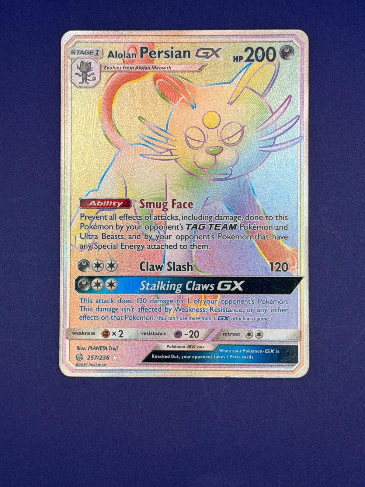 Alolan Persian GX 257/236 Cosmic Eclipse Secret Rainbow Rare Pokemon Card