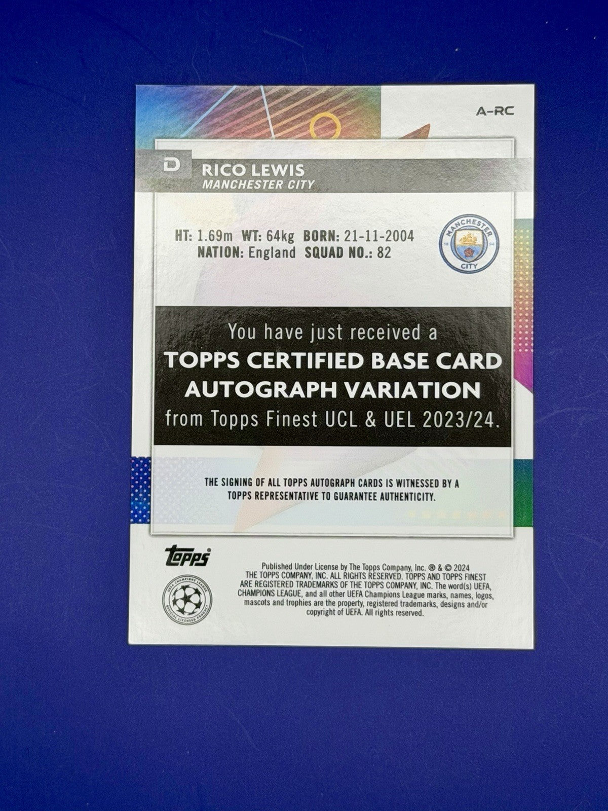 2023-24 Topps Finest Uefa Club Competitions - Autographs Rico Lewis #A-Rc (AU)