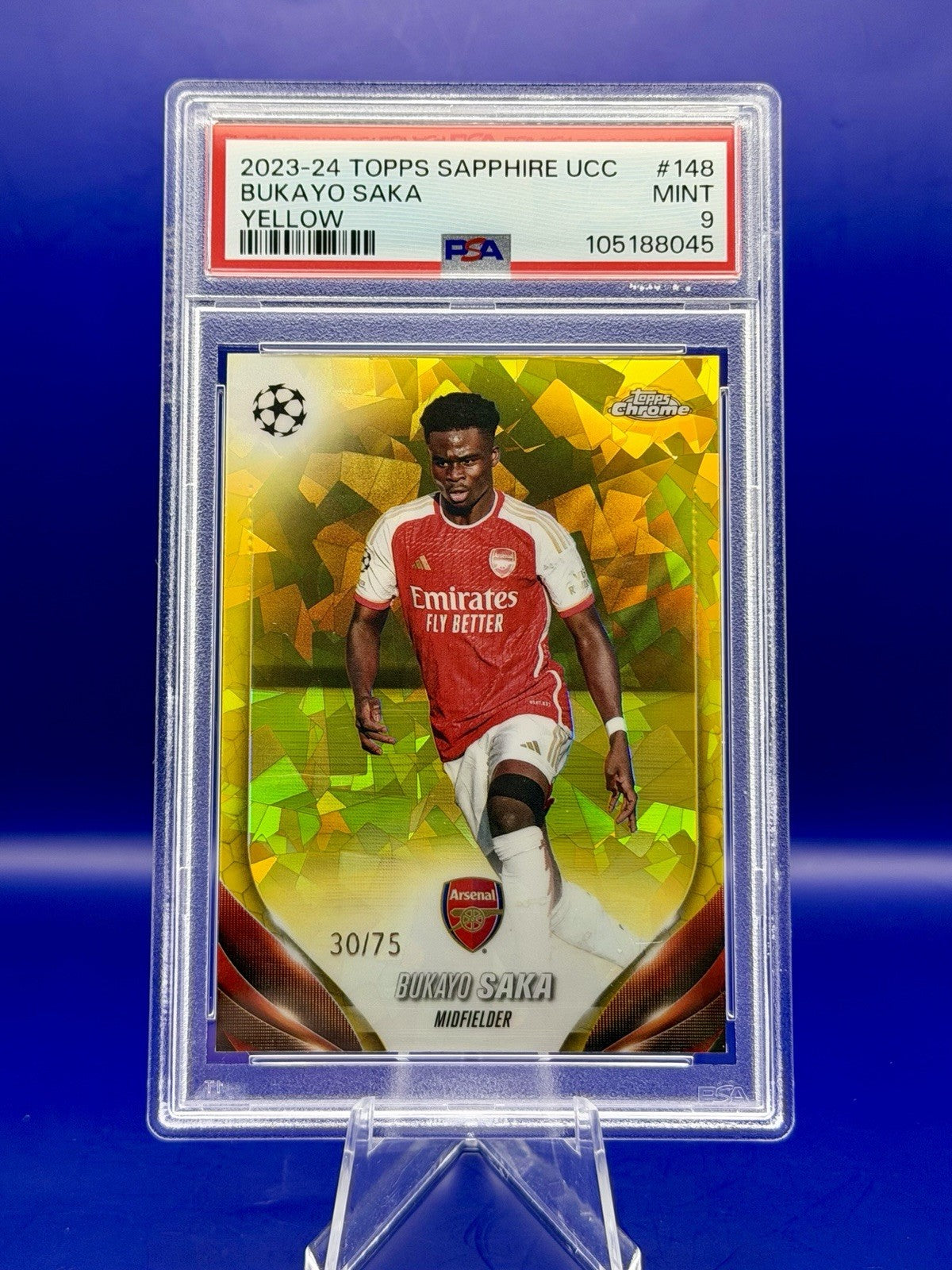2023-24 Topps Chrome UCC Bukayo Saka Arsenal Yellow Sapphire /75 PSA 9