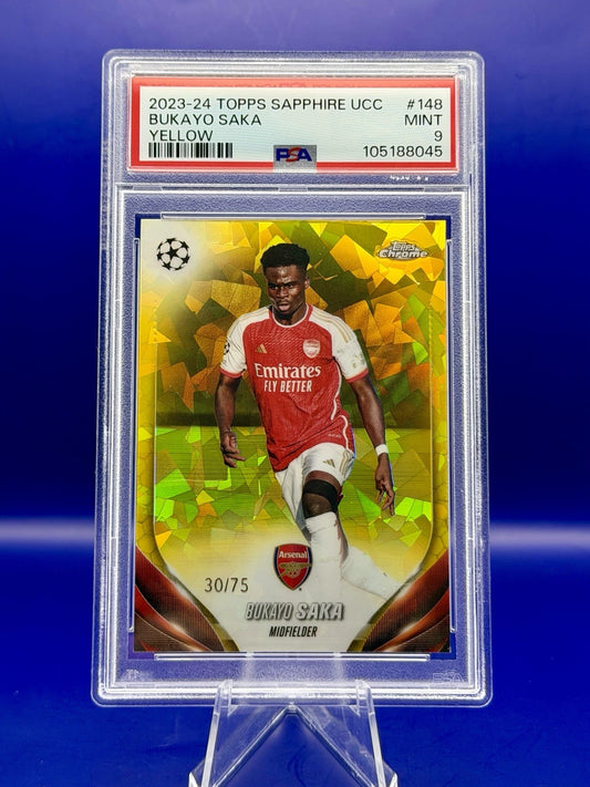 2023-24 Topps Chrome UCC Bukayo Saka Arsenal Yellow Sapphire /75 PSA 9