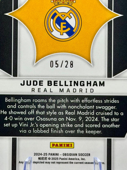 Jude Bellingham/28 Supernova Red Crystals from 2024-25 Panini Obsidian Soccer