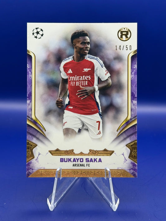 Bukayo Saka 2024-25 Topps Reverence UEFA Club Competitions Purple 14/50 #9