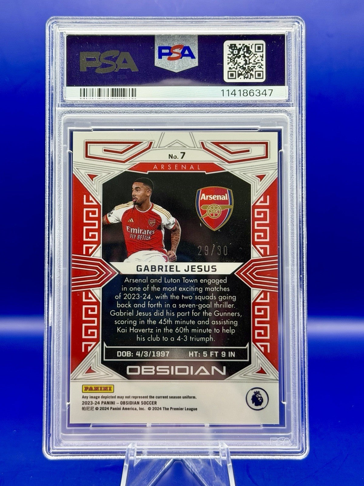 2023-24 Obsidian Gabriel Jesus Arsenal Electric Etch Red Crystal /30 PSA 10